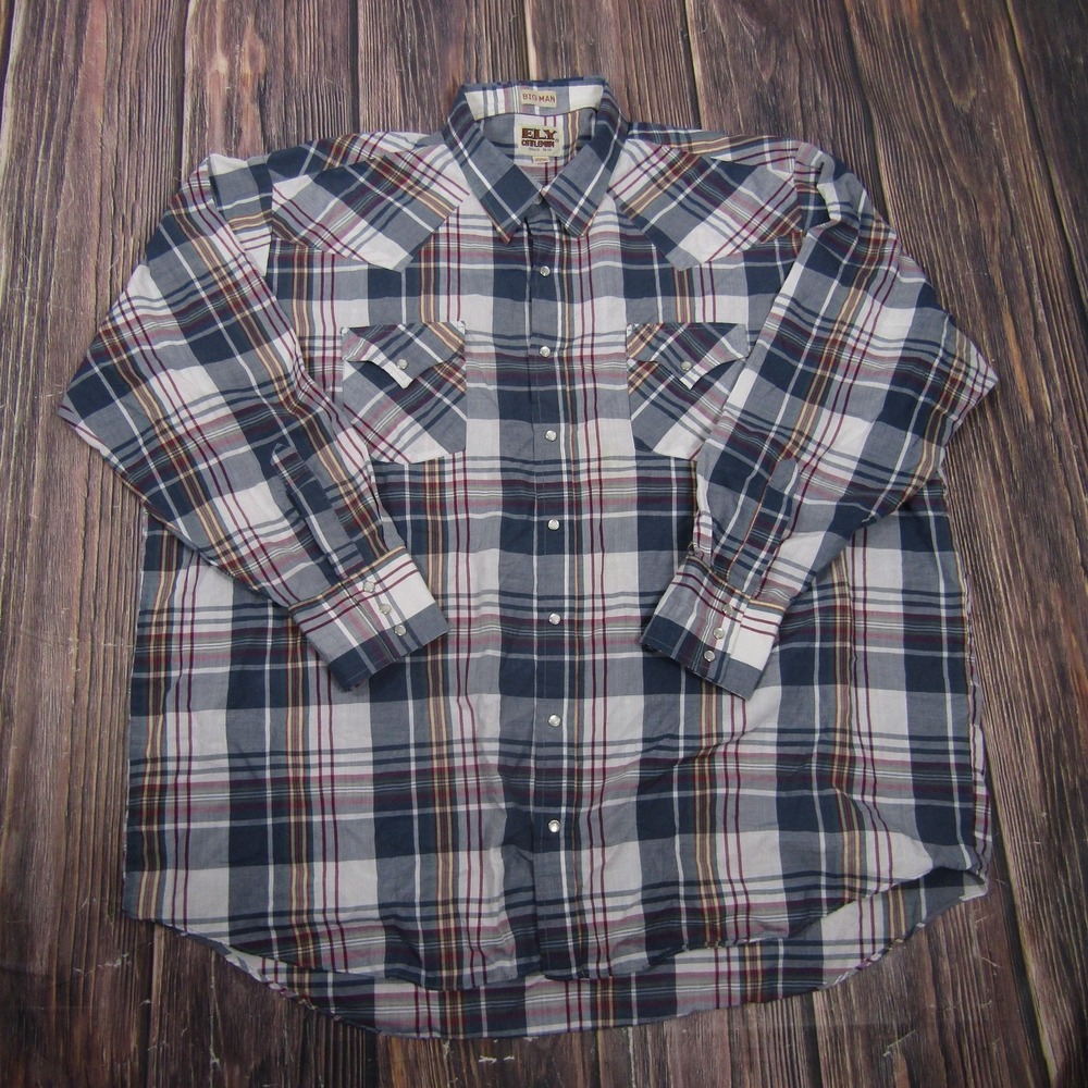 Ely Cattleman Shirt Mens Big 2X Blue‎ Plaid Long Sleeve Button Up Pockets